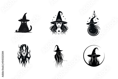 Six witch silhouettes halloween vector set