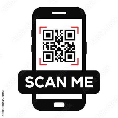 Minimalist black and white smartphone icon displaying a centered QR code on screen. Clean "SCAN ME" label below. Flat vector illustration, front view. Ideal for apps, websites, scanning prompts.