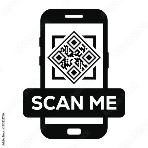 Minimalist black and white smartphone icon displaying a centered QR code on screen. Clean "SCAN ME" label below. Flat vector illustration, front view. Ideal for apps, websites, scanning prompts.