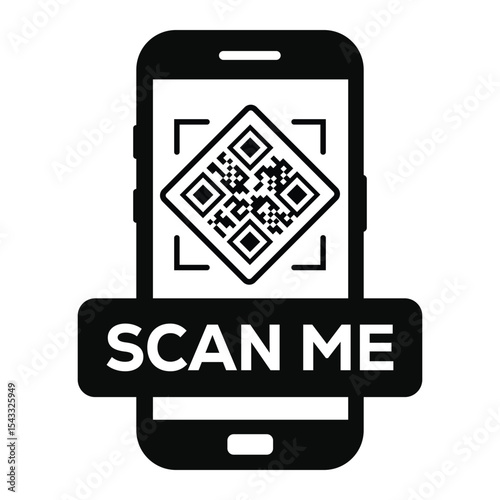 Minimalist black and white smartphone icon displaying a centered QR code on screen. Clean "SCAN ME" label below. Flat vector illustration, front view. Ideal for apps, websites, scanning prompts.