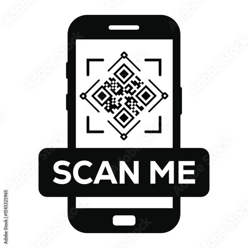 Minimalist black and white smartphone icon displaying a centered QR code on screen. Clean "SCAN ME" label below. Flat vector illustration, front view. Ideal for apps, websites, scanning prompts.