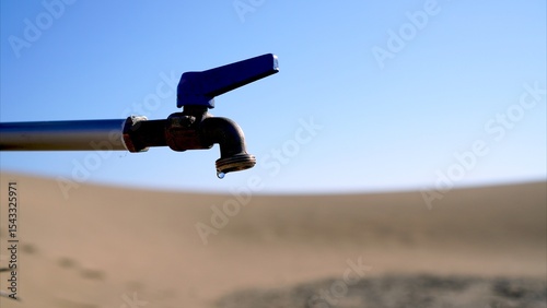 Last drop of water dripping from a rusty faucet in the desert, representing water scarcity and the effects of climate change, with a blurred background and clear blue sky