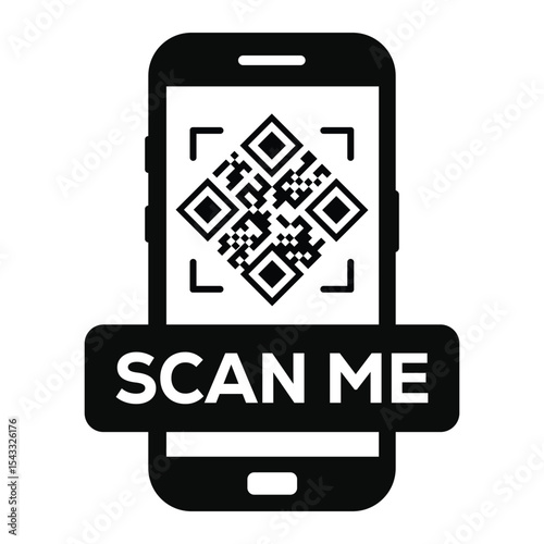 Minimalist black and white smartphone icon displaying a centered QR code on screen. Clean "SCAN ME" label below. Flat vector illustration, front view. Ideal for apps, websites, scanning prompts.