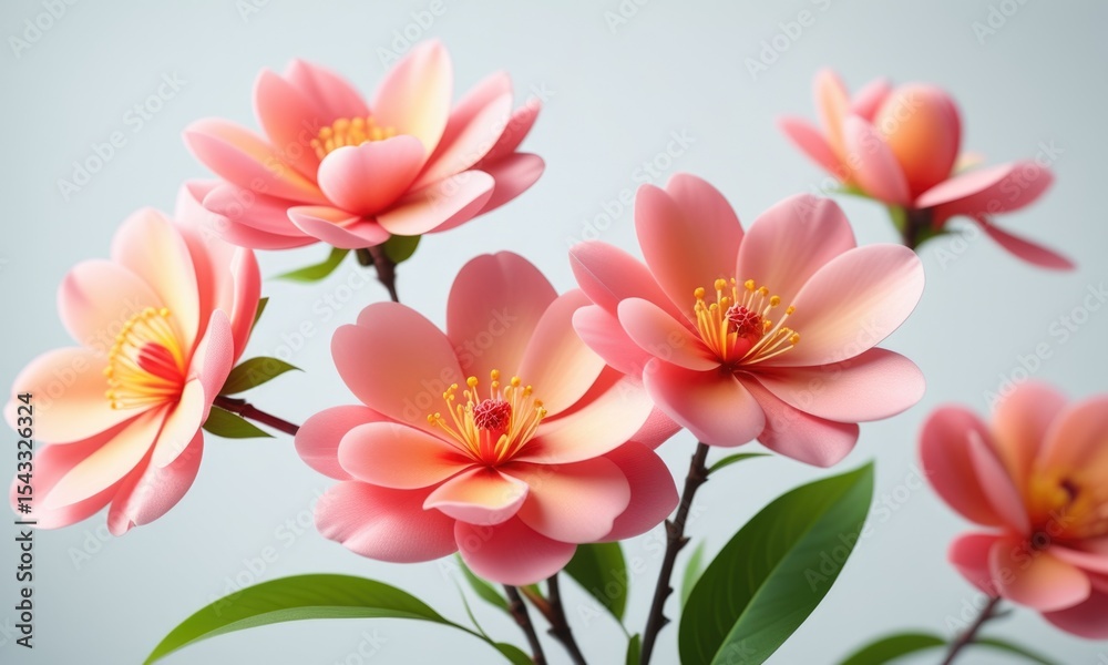 Fototapeta premium Delicate pink flowers against soft background with green leaves