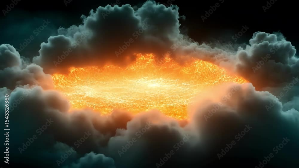 Burning fireball eruption surrounded by dark cloudy sky  
