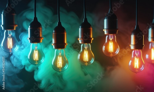 Vibrant hanging light bulbs with colorful smoke background