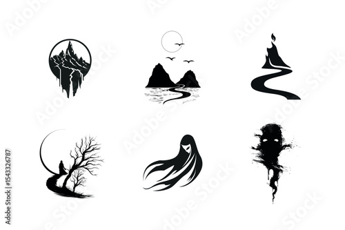 Six mystical nature silhouettes set