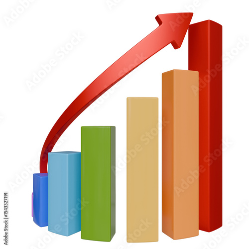 A vibrant 3D bar graph displays ascending growth, depicted by a large red arrow curving upwards, symbolizing positive progress and upward trajectory.  The bars are multicolored
