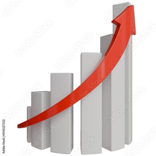 Ascending white bar graph with a red, upward-curving arrow signifying exponential growth and progress.  The arrow visually emphasizes the increasing trend represented by the bars