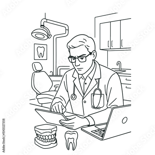 Dentist reviewing dental records on a tablet in the clinic ,Dental office