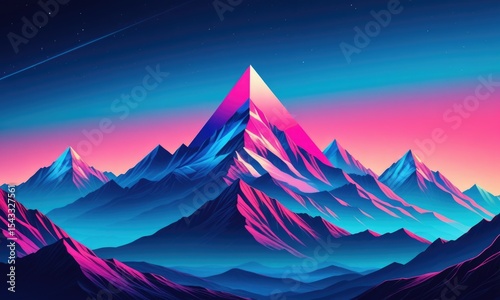 Vibrant neon mountain peaks at dusk in a surreal landscape