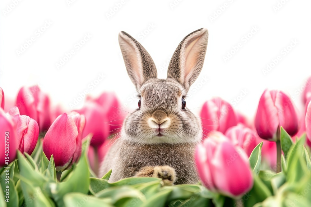 Obraz premium Spring s gentle visitor A bunny among pink tulips Soft front facing portrait on white background. Generative Ai
