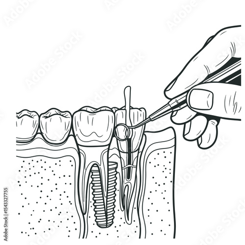 Dental Implant Examination Illustration: Dentist use dental instruments to check artificial tooth roots dental implant into jaw, Root canal model