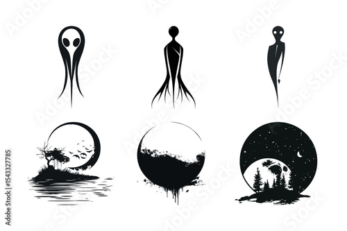 Six mysterious creature and moon silhouettes