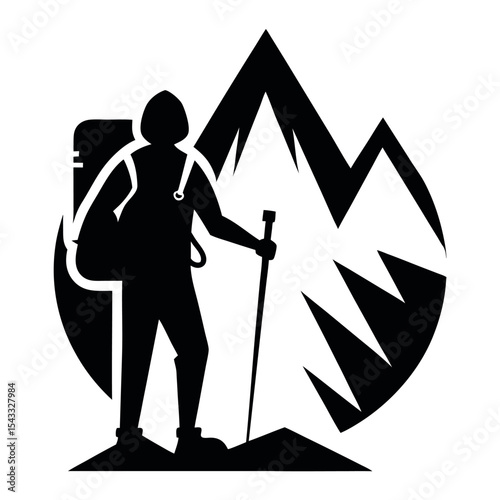 Mountaineer Silhouette Icon of Person Climbing with Backpack and Gear on White Background