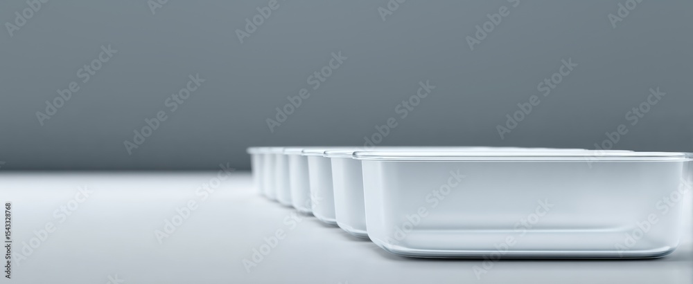 Obraz premium White containers in a neat row, perfect for food packaging or product display.