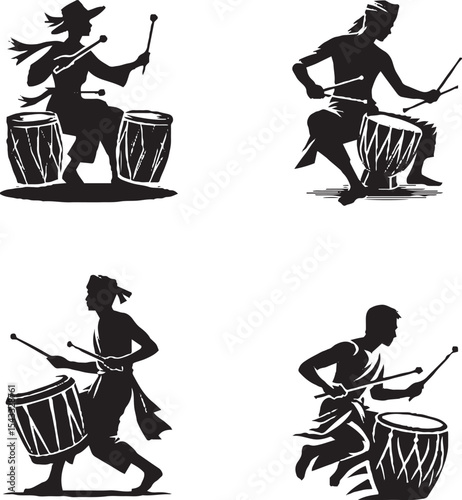 "Dynamic Drummer Silhouettes | Traditional Music Performance Art"