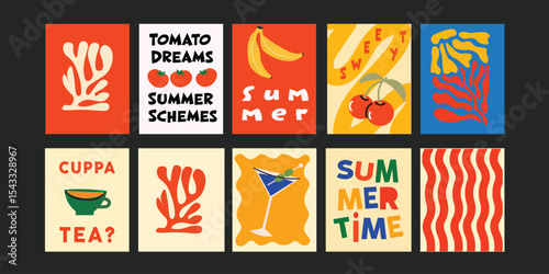 Bright  Colorful summer bistro banners with trendy short phrases about fresh fruits, vegetables, flowers