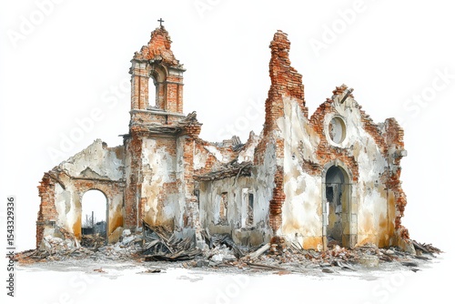 Crumbling history An old church stands as a ruin with intricate brick details on white background. Generative Ai