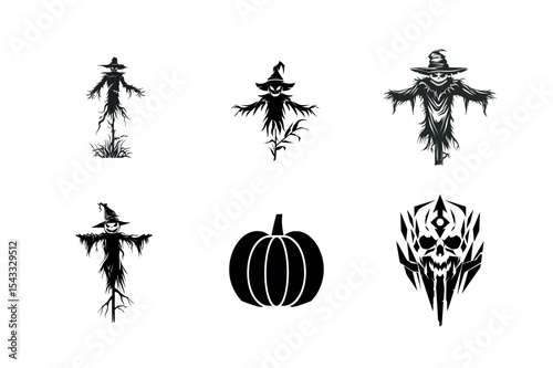 Halloween scarecrow and pumpkin silhouettes