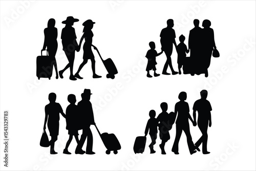 Family Travel and Leisure Silhouettes - Diverse Families Vector Set
