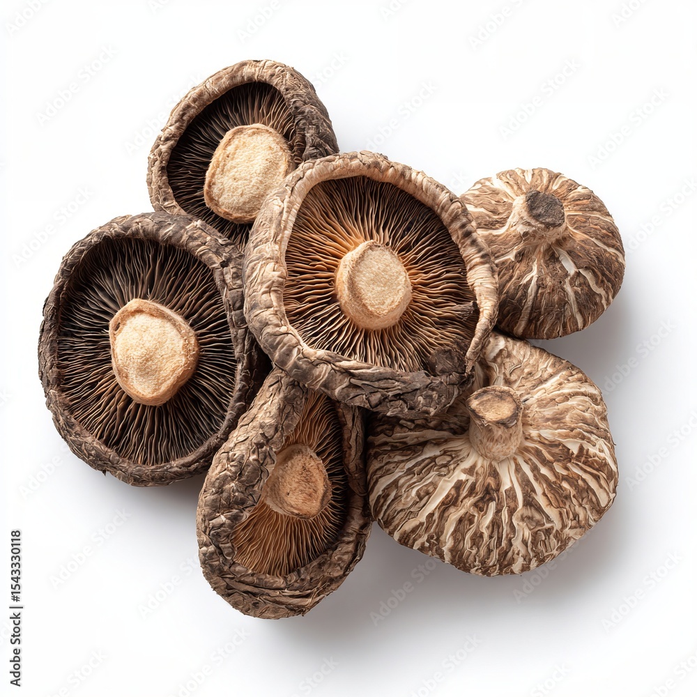 A pile of dried shiitake mushrooms, a delicious and healthy ingredient. The mushrooms have a dark brown color and a distinctive shape A pile of dried shiitake mushrooms, a delicious and healthy ingredient. The mushrooms have a dark brown color and a distinctive shape