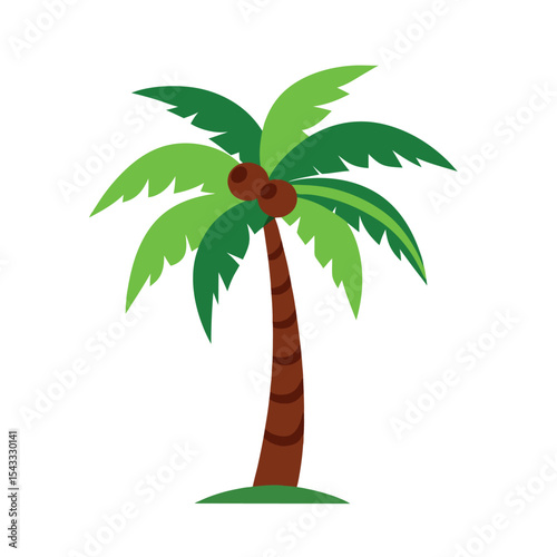 Stylized Cartoon Illustration of a Single Coconut Palm Tree with Brown Coconuts and Green Fronds - Tropical Paradise Element