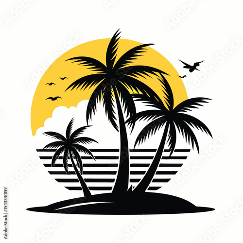  Tropical Sunset Beach Scene with Silhouetted Palm Trees and Flying Birds - Vintage Inspired Design