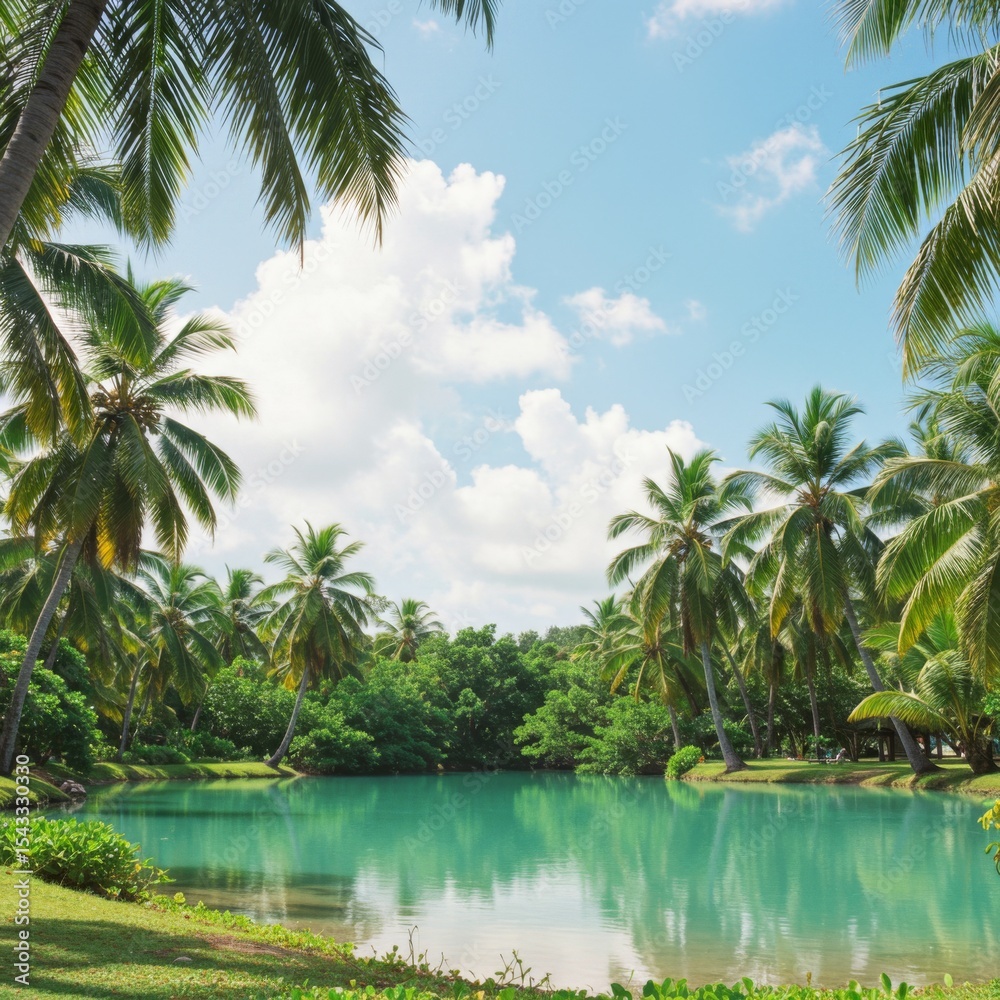 Fototapeta premium Tropical Lagoon Surrounded by Lush Palm Trees