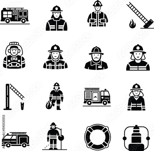 Firefighter Icon Set: Essential Fire Safety Symbols for Design, Web, and Print Projects