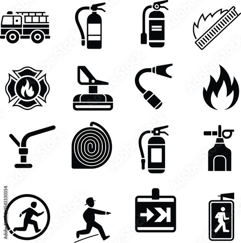 Fire Safety Icons: Essential Firefighting Equipment and Emergency Symbols for Design
