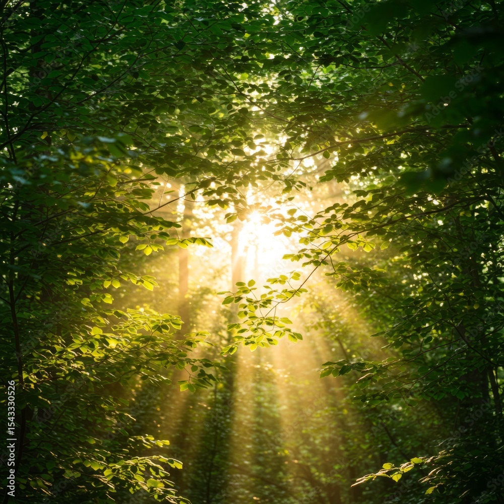 Obraz premium Sunbeams Through Lush Green Forest