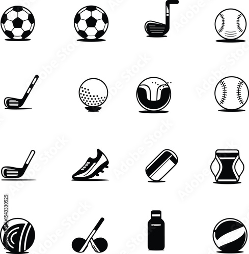 Sport Equipment Icons: Soccer, Golf, Baseball, Hockey, Fitness Gear, and More in Black and White Design