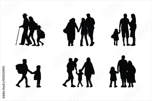 Family Travel and Leisure Silhouettes - Diverse Families Vector Set