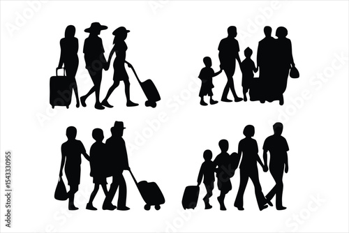 Family Travel and Leisure Silhouettes - Diverse Families Vector Set