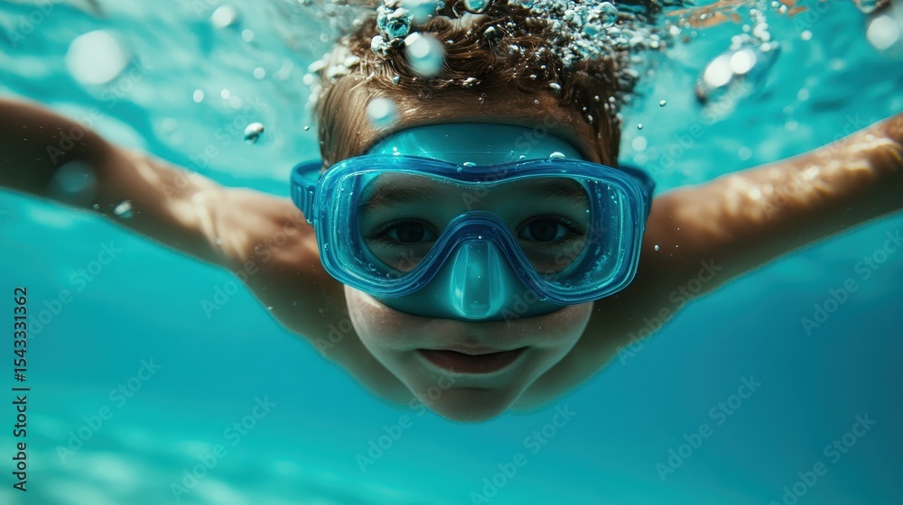 Fototapeta premium A young boy swims effortlessly beneath the water’s surface, showcasing joy and excitement while wearing a blue mask and surrounded by bubbles in a vibrant pool setting.