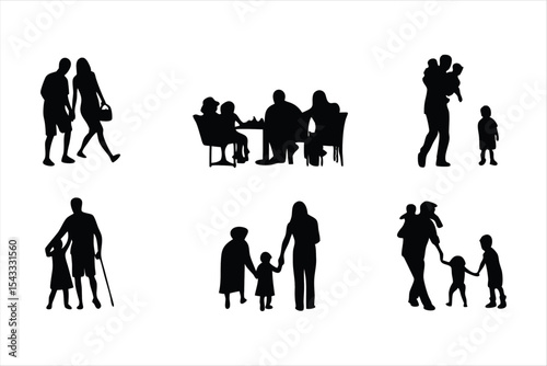 Family Travel and Leisure Silhouettes - Diverse Families Vector Set