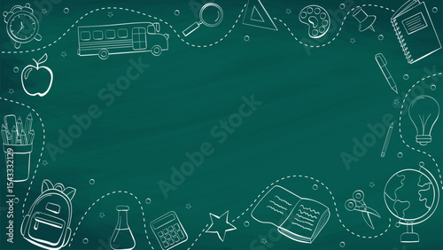 Back to school in chalk doodle style on blackboard. Template of a school poster with hand drawn accessories and copyspace. Banner template with school supplies frame. Vector illustration