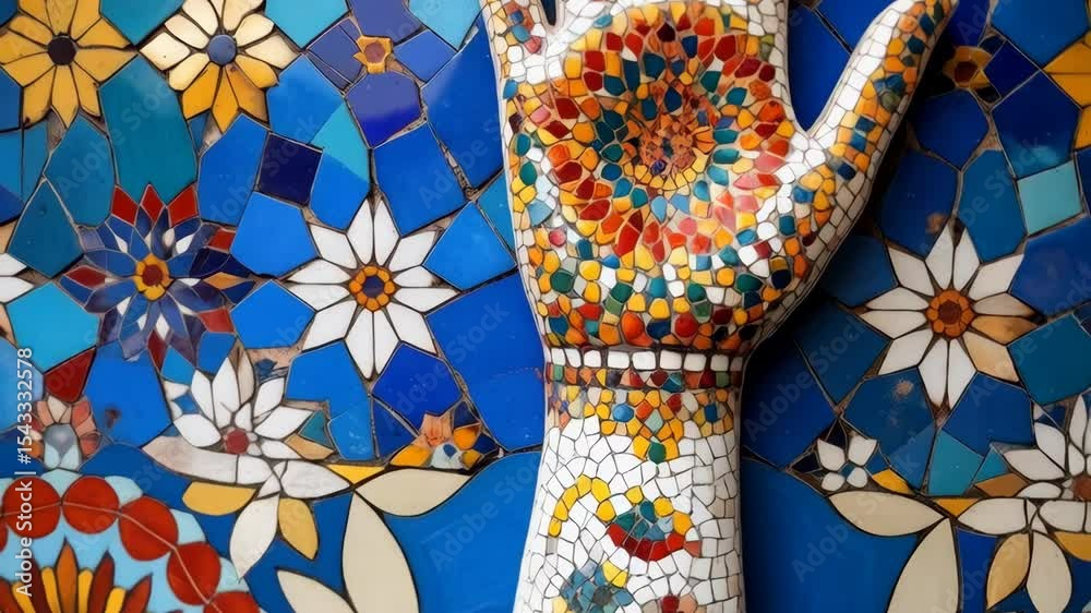 Mosaic art featuring a decorative hand motif and floral pattern with colorful tiles on a blue background, conveying artistic expression