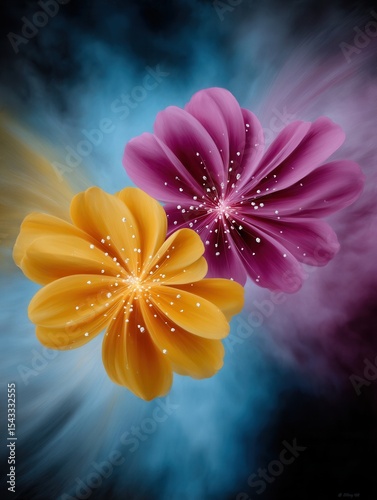 Vibrant abstract floral artwork featuring colorful blooming flowers with sparkling details in a dynamic background
