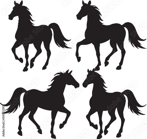 A collection of black silhouette illustrations of horses in various walking and trotting poses. 
