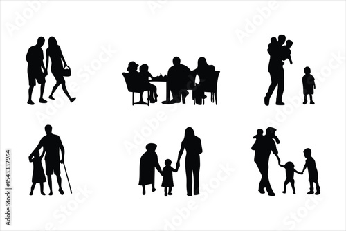Family Travel and Leisure Silhouettes - Diverse Families Vector Set