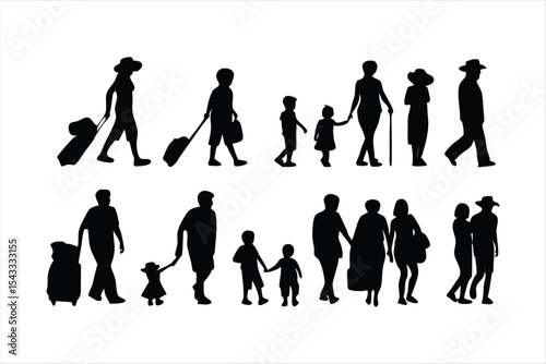 Family Travel and Leisure Silhouettes - Diverse Families Vector Set