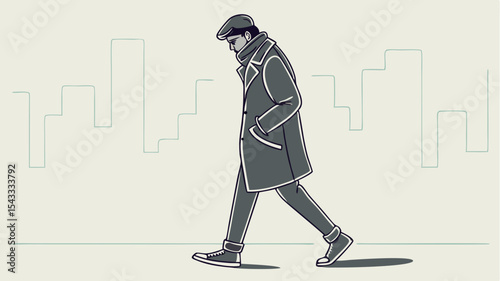 Walking silhouette of male traveler in overcoat.

