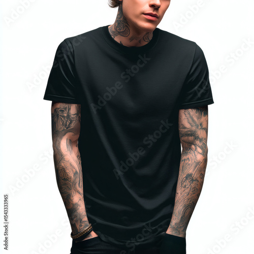 Tattooed man in black t-shirt mockup 