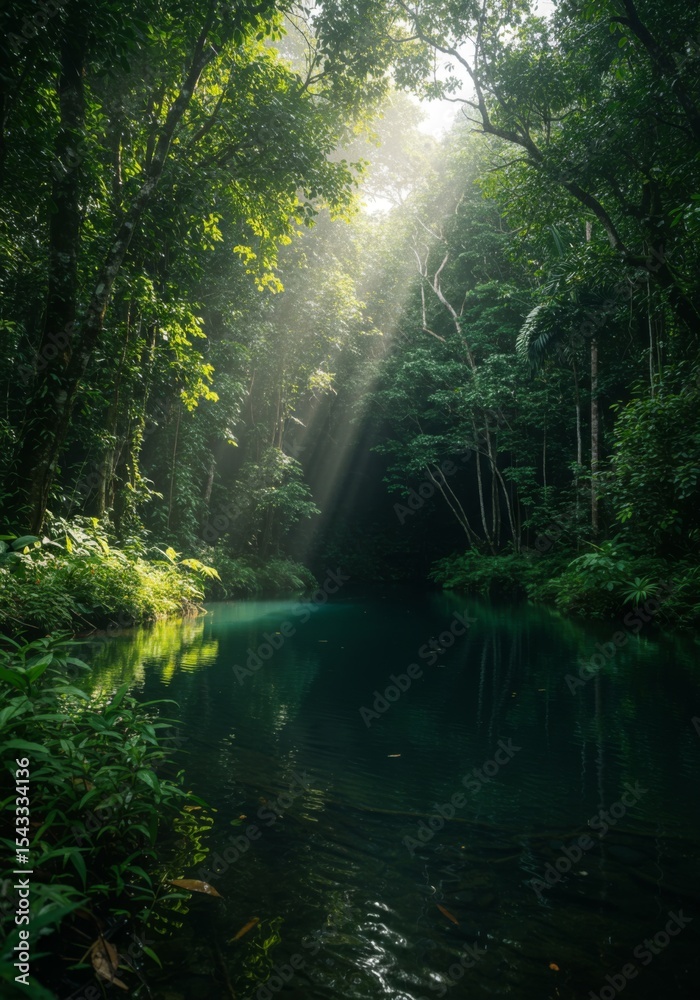 Fototapeta premium Sunbeams Illuminate Lush Green Tropical Forest River