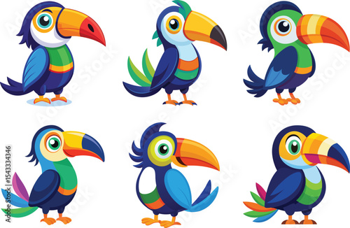 colorful cartoon toucans vector illustration set