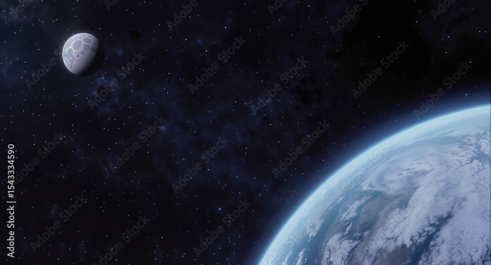 Obraz premium A view of Earth from space with a distant moon visible. The scene captures the vastness of the universe and the beauty of our planet.