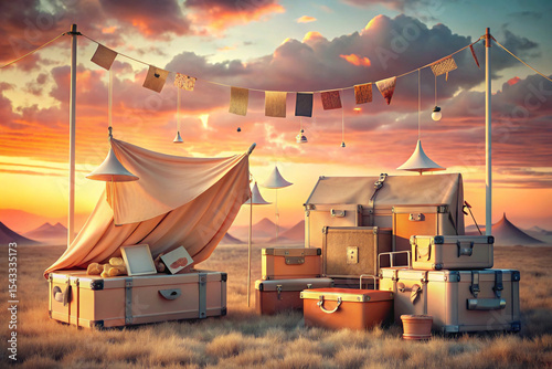 Tents styled like open suitcases filled with travel gear