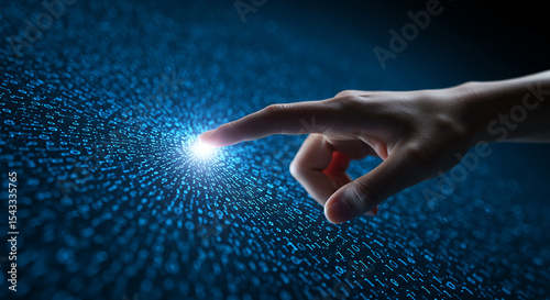 Human finger interacting with digital binary code